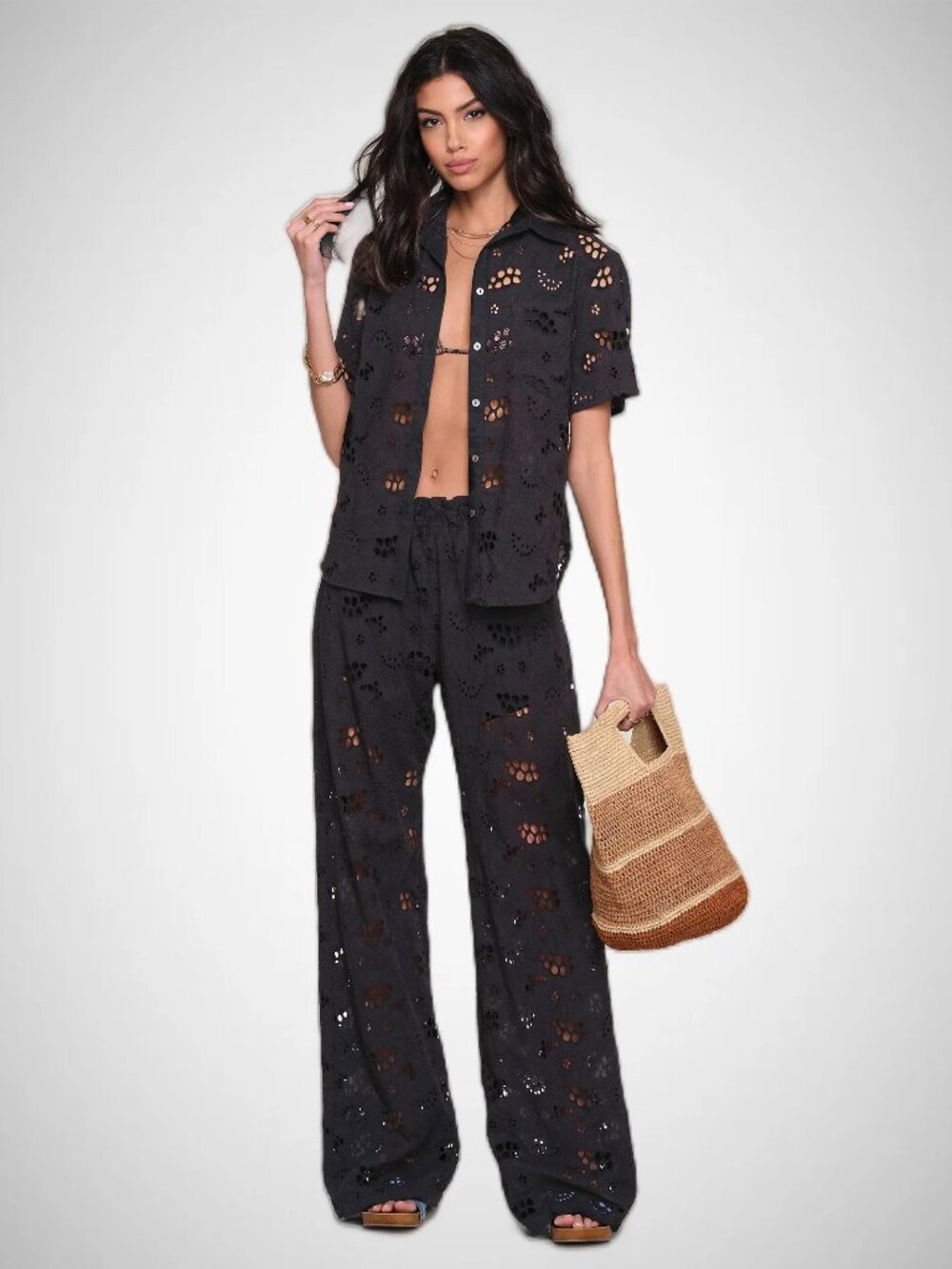 Anthropologie HEARTLOOM Rose Black Cotton Eyelet Trousers Pants, Size XS